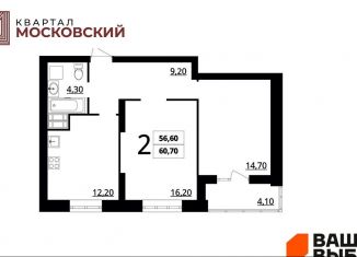 Двухкомнатная квартира на продажу, 60.7 м2, Волгоград, ЖК Квартал Московский