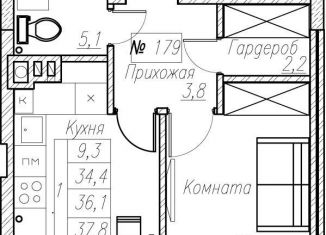 1-комнатная квартира на продажу, 36.1 м2, Санкт-Петербург, муниципальный округ Рыбацкое, Прибрежная улица, 1