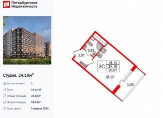 Продаю квартиру студию, 24.2 м2, Санкт-Петербург, метро Проспект Большевиков