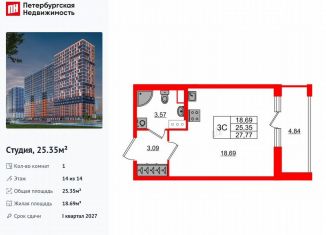 Продаю квартиру студию, 25.4 м2, деревня Новосаратовка