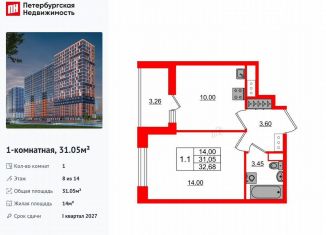 Продажа 1-комнатной квартиры, 31.1 м2, деревня Новосаратовка