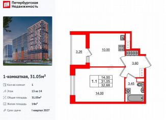 Продается 1-комнатная квартира, 31.1 м2, деревня Новосаратовка