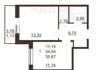 1-комнатная квартира на продажу, 35.7 м2, Гатчина, улица Хохлова, 16