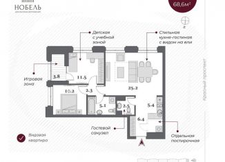 Продается трехкомнатная квартира, 70.5 м2, Новосибирск, Красный проспект, 220стр, ЖК Нобель