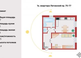 Продается однокомнатная квартира, 37 м2, Санкт-Петербург, Лиговский проспект, 75-77, метро Лиговский проспект