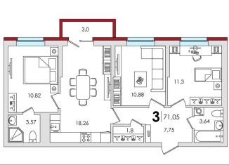 Продаю 3-ком. квартиру, 71.1 м2, деревня Батино, улица Сергея Есенина, 38, ЖК Есенинские Поля