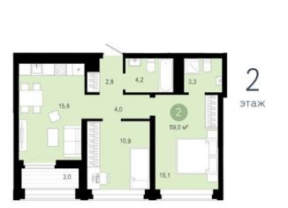 Продам 2-комнатную квартиру, 59.5 м2, Тюмень, Профсоюзная улица, 6, ЖК Речной Порт