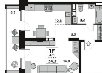 Однокомнатная квартира на продажу, 34.3 м2, Волгоград, Ангарская улица, 9А, ЖК Гранд Авеню