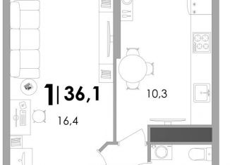 Продажа 1-комнатной квартиры, 36.1 м2, Тверь, ЖК Южный