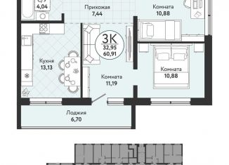 Продам трехкомнатную квартиру, 60.9 м2, Новосибирск, метро Речной вокзал