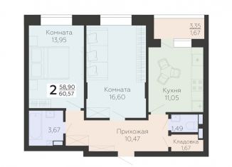 Двухкомнатная квартира на продажу, 60.6 м2, Воронежская область