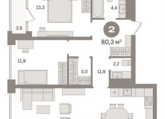 3-ком. квартира на продажу, 80.3 м2, Тюмень, ЖК Речной Порт, Профсоюзная улица, 6к1
