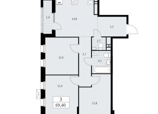 Продажа трехкомнатной квартиры, 69.4 м2, Москва