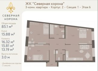 Продажа 3-комнатной квартиры, 85.1 м2, Санкт-Петербург, муниципальный округ Чкаловское