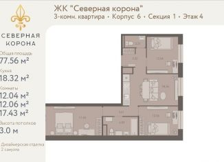 Продаю 3-комнатную квартиру, 77.6 м2, Санкт-Петербург, муниципальный округ Чкаловское