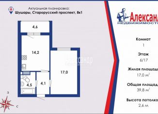 Продам 1-комнатную квартиру, 40 м2, посёлок Шушары, Старорусский проспект, 8к1
