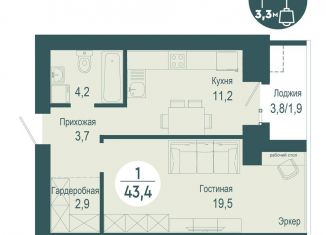 Продажа 1-комнатной квартиры, 43.4 м2, Красноярск, ЖК Скандис озеро, улица Авиаторов, 20