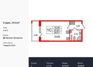 Квартира на продажу студия, 24.6 м2, Санкт-Петербург, ЖК Солнечный Город. Резиденции, Новосергиевская улица, 1к2
