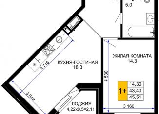 Продажа однокомнатной квартиры, 45.5 м2, Краснодар