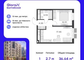 Продаю 1-комнатную квартиру, 36.6 м2, Санкт-Петербург, улица Шкапина, 43-45, метро Балтийская