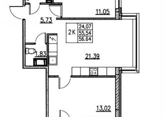2-комнатная квартира на продажу, 57 м2, Кудрово, проспект Строителей, 1к1
