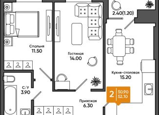 2-комнатная квартира на продажу, 52.1 м2, Азов