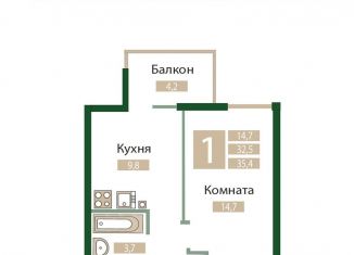 Продаю однокомнатную квартиру, 35.4 м2, посёлок городского типа Молодёжное
