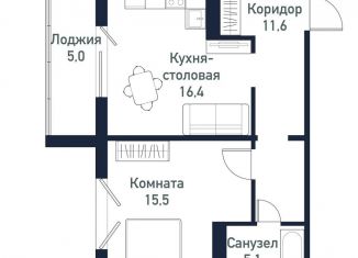 1-комнатная квартира на продажу, 48.3 м2, Челябинская область, улица имени Младшего Сержанта Сухарева, 4