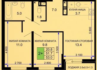 Двухкомнатная квартира на продажу, 53 м2, Краснодар, улица Лётчика Позднякова, 2к17