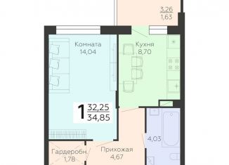 Продается 1-комнатная квартира, 34.9 м2, Воронеж