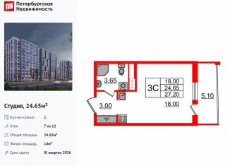 Продаю квартиру студию, 24.7 м2, Санкт-Петербург, муниципальный округ Коломяги