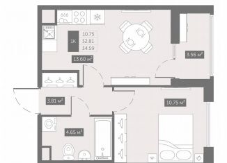 Продам однокомнатную квартиру, 34.6 м2, посёлок Шушары