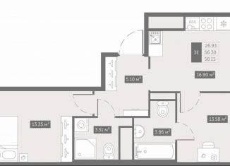 Продается 2-ком. квартира, 58.2 м2, посёлок Шушары