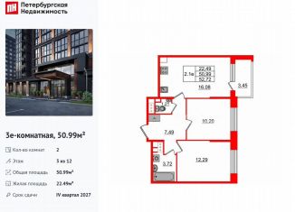 2-комнатная квартира на продажу, 51 м2, Санкт-Петербург, метро Купчино