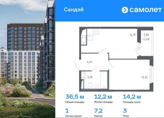 Продается 1-комнатная квартира, 36.5 м2, Санкт-Петербург, Красносельский район, жилой комплекс Сандэй, 7.2