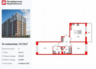 Продажа двухкомнатной квартиры, 54.3 м2, Санкт-Петербург, Невский район