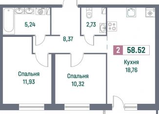 Двухкомнатная квартира на продажу, 58.5 м2, Ленинградская область