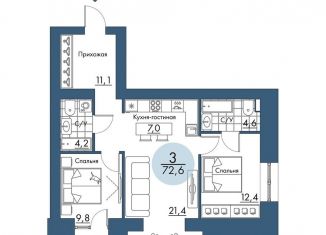 Продам 3-комнатную квартиру, 72.6 м2, Красноярский край