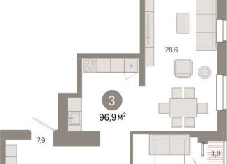 3-комнатная квартира на продажу, 96.9 м2, Екатеринбург, улица Пехотинцев, 2В, Железнодорожный район