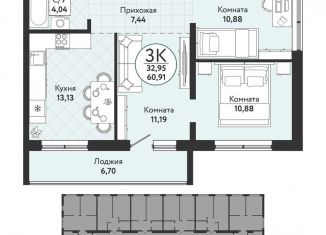 Продается 3-комнатная квартира, 60.9 м2, Новосибирск