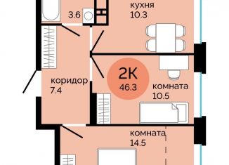 Двухкомнатная квартира на продажу, 46.3 м2, Пермь, улица Яблочкова, 5к4, Свердловский район