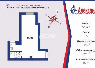 Продается квартира студия, 24 м2, Санкт-Петербург, 11-я линия Васильевского острова, 58, метро Спортивная