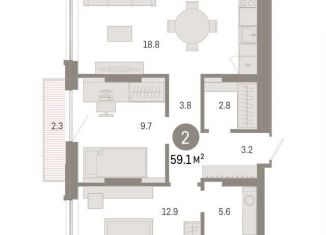 2-комнатная квартира на продажу, 59.1 м2, Тюмень