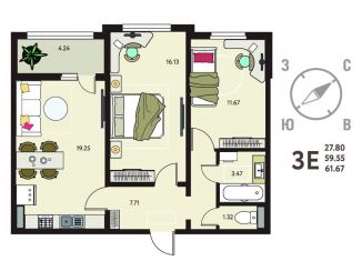 Продажа двухкомнатной квартиры, 61.7 м2, Липецк