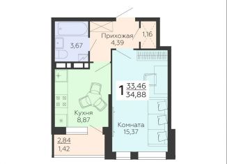 1-комнатная квартира на продажу, 34.9 м2, Воронежская область, улица 45-й Стрелковой Дивизии, 113