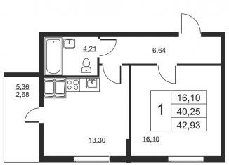Продам 1-комнатную квартиру, 42.9 м2, Бугры