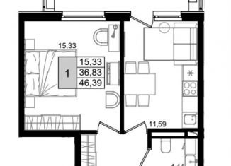 1-комнатная квартира на продажу, 46.4 м2, Анапа
