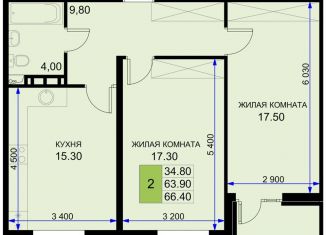 2-комнатная квартира на продажу, 66.4 м2, Краснодарский край, Екатерининская улица, 3к2