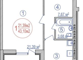 Продаю однокомнатную квартиру, 43.1 м2, Уфа, улица Лётчиков, 1/9, Ленинский район