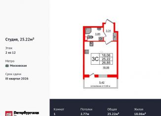 Квартира на продажу студия, 25.2 м2, Санкт-Петербург, Кубинская улица, 78к2, метро Проспект Ветеранов